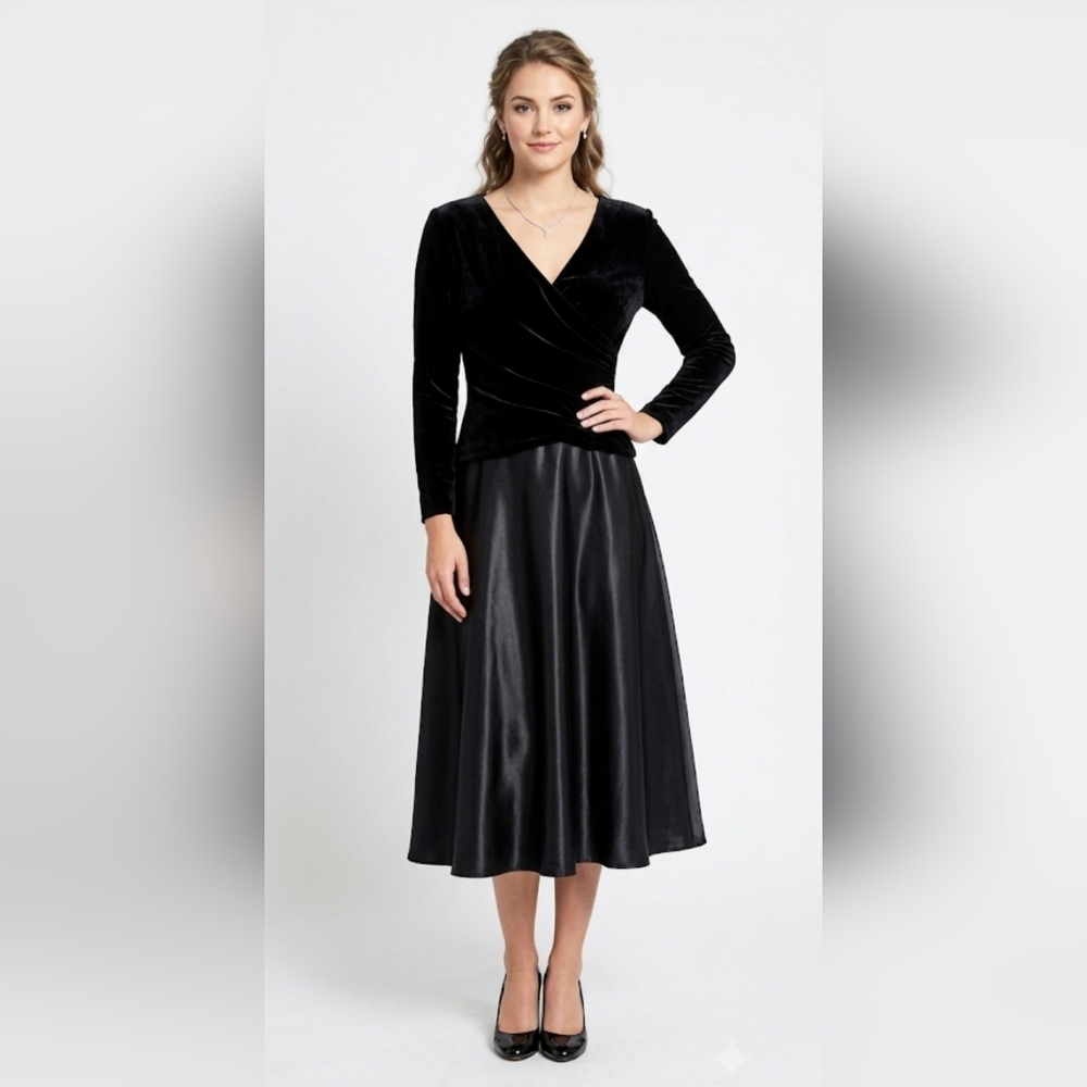 Tadashi Shoji Vintage Black Velvet & Satin Midi Dress - Size 12